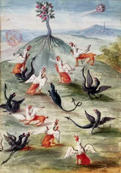 The Fair Flower on the Mountain, allegorical illustration showing chimerae representing alchemical processes reputedly written and illuminated by Nicolas Flamel